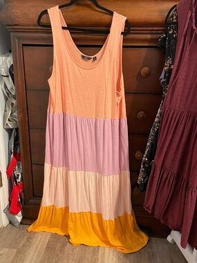 G by Giuliana Colorblock Tiered Maxi Dress in Peach, Lavender, Cream & Yellow